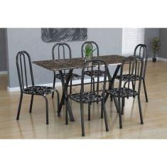 Conjunto de Mesa Miame com 6 Cadeiras Madri Preto Prata e Preto Floral