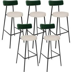 Kit 05 Banquetas Alta Bar Cozinha Sala De Jantar Milão L02 Facto Verde Musgo Linho Cru - Lyam Decor