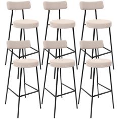 Kit 06 Banquetas Altas Cozinha Bar Sala De Jantar Em Aço Milão L02 Suede Bege - Lyam Decor