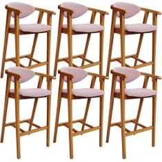 Kit 06 Banquetas Alta Cecília L02 Assento Poliéster Estrutura Madeira Encosto Fixo Rosê para Cozinha