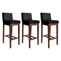 Kit 3 Banquetas Estofadas Alta Lisboa 100 Cm Madeira Maciça Suede Preto CCS