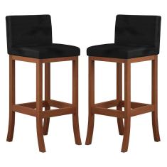 Kit 2 Banquetas Alta Encosto Estofado 38x100 Cm Espanha Madeira Maciça Castanho Suede Preto CCS