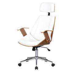 Cadeira Giratória Lisboa Bergen Rivattis C/ Encosto De Cabeça Madeira Laminada Pu Branco Base Rodízio