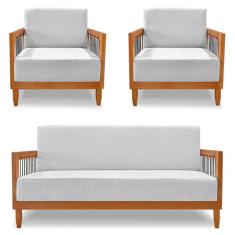 Kit 2 Poltronas e Sofá Living 2 Lugares Marilia 1,60m Linho Base em Ma