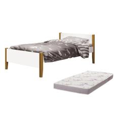 Cama Solteiro Simba Branco Fosco Pés Amadeirado Com Colchão D20 - Reller Móveis Branco Fosco