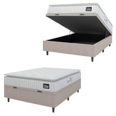 Cama Box Baú Casal Colchão Espuma D45 Lazio Pillow Top 138x188x65cm Suede Branco Bege Hellen