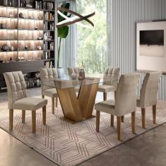 Conjunto Sala de Jantar Mesa Classic Tampo de Vidro 6 Cadeiras Vitória