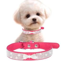 Coleiras de diamante para cães médios, lindas coleiras de cristal brilhantes para filhotes de cachorro com glitter joias brilhantes strass fêmea coleira para cães pequenos e médios, rosa choque M