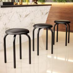 Banqueta Baixa Empilhável Maviê Industrial Aço Carbono Assento Couro Sintético 45 cm Preto Mpozenato