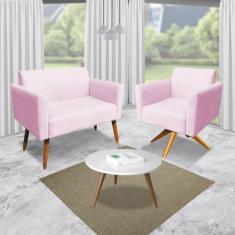 Kit 01 Namoradeira e 01 Poltrona Marisa Suede Rosa Bebê Base Giratória