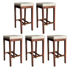 Kit 5 Banquetas Alta Estofada Bali 74 Cm Madeira Maciça Suede Bege CCS