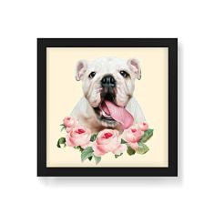 Arte Maníacos Quadro Decorativo Bulldog Inglês Flores - 50x50cm (Moldura em laca preta)