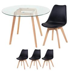 Loft7, Mesa redonda com tampo de vidro 100 cm + 3 cadeiras Leda