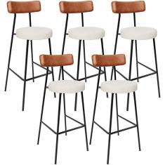 Kit 05 Banquetas Alta Cozinha Sala Jantar Milão L02 Couríssimo Camel Linho Champagne - Lyam Decor