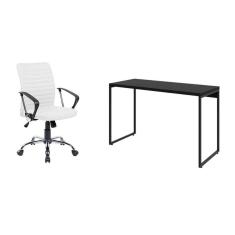 conjunto de mesa studio preta 120 cm com cadeira de escritório diretor giratória oslo branca