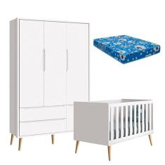Berço Americano e Guarda Roupa 3 Portas Infantil Theo Branco Acetinado com Pés Madeira Natural e Colchão – Reller
