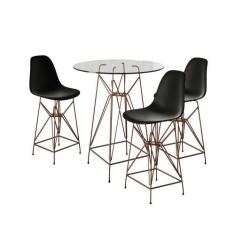 Jogo Mesa Bistrô Eames Vidro 60Cm 3 Banquetas Preta Base Ferro Cobre -
