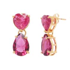Brinco Com  Pedra Fusion Coração E Gota Rosa  Folheado A Ouro 18K