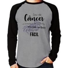 Camiseta Raglan Sou de Câncer Manga Longa - Foca na Moda, Cinza, Preto