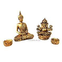 Kit Estátua Ganesha + Buda Hindu + 2 Castiçais