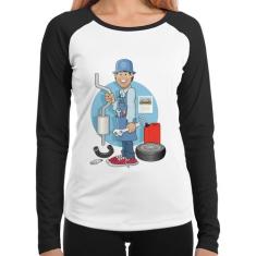 Baby Look Raglan Mecânico Manga Longa - Foca na Moda, Branco, Preto, M