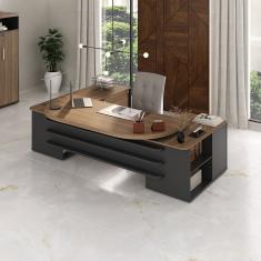 Mesa para Escritório Presidente Tamburato 2600cm com 4 Gavetas e 2 Portas e Design em U Nogal/Preto