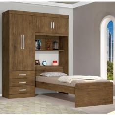 Guarda Roupa Solteiro 4 Portas com Cama de Solteiro Cancun J&A Móveis Flex Color Jequitibá/Avelã