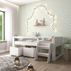 Cama Infantil com Escada e 2 Baús Serena Yescasa Branco Perfect Wood