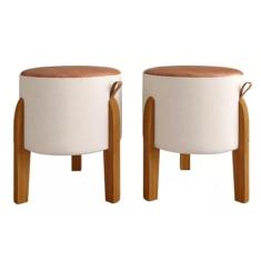 Kit 2 Puff,Puf Banqueta sala redondo pés em madeira -Luna-Bege/Caramelo Linho