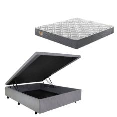 Conjunto Cama Box Baú Casal 138x188 em Courino com Colchão Adapto Molas Ensacadas Cinza