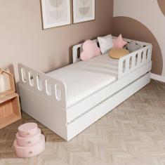 Bicama Solteiro Mdf Branco com 02 Grades e Cabeceira Anatômica Mobilistore