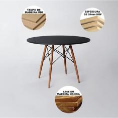 Mesa de Jantar Redonda Eiffel Eames 110cm Tampo Madeira Preto