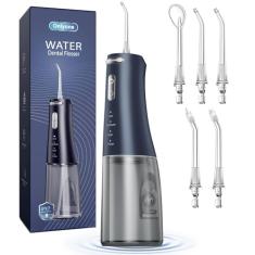 Onlyone Irrigador bucal portátil de 300 ml para dentes, 4 modos e 5 pontas de jato, limpador de irrigação recarregável, fio dental elétrico e acessórios de irrigador azul