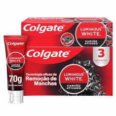 Colgate Creme Dental Luminous White Carvão Ativado 70g, 3 Unidades, Clareador Dental Avançado, Poderosa Remoção de Manchas, Sorriso Mais Branco e Deslumbrante