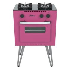 Fogão Portátil 2 Bocas a Gás Venax Mini Cook de Mesa Vidro Temperado Rosa com Forno 22L