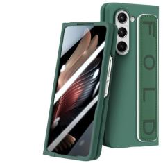 Capa de telefone com alça de corda elástica para Samsung Galaxy Fold 5 Fold5 5G 2023 Capa dura com protetor de tela de vidro temperado, verde escuro, para Galaxy Z Fold5