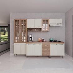 Armário de Cozinha Modulada Completa Fidelitá Paris 5 Peças 260cm 13 Portas 3 Gavetas Com Tampo Nogal/Salinas