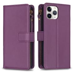 Capa com alça de pulso para iPhone 11 Pro, 9 compartimentos para cartão, 1 carteira de couro com zíper, função de suporte, fecho magnético, capa para celular compatível com iPhone 11 Pro 5,8 polegadas