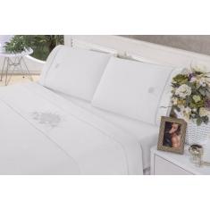 Jogo de lençol Queen Bordado Crivo 4 peças Percal Branco - Nathalia En