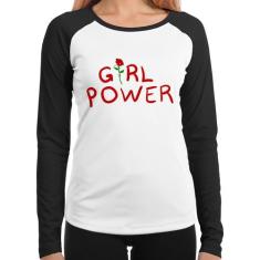 Baby Look Raglan Girl Power Manga Longa - Foca na Moda, Branco, Preto,