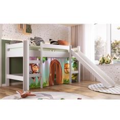Cama Infantil com Escorregador e Cortina Zoo - Branco