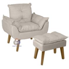 Poltrona/Cadeira Decorativa E Puff Glamour Bege Com Pés Quadrado - Smf