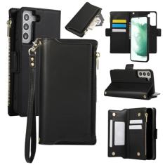 Capa carteira para Samsung Galaxy S21 FE, bolso com zíper magnético [destacável] capa de couro com compartimentos para cartões e dinheiro, [bloqueio RFID] capa com alça de pulso e cordão para