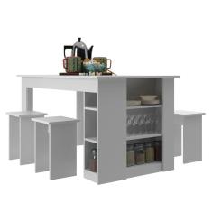 Mesa 140 Cm com 4 Banquetas e Prateleira Esmeralda Branco