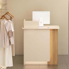 Mesa de recepção, balcão de recepção de mesa frontal com luzes LED, gaveta com trava e armário de armazenamento, balcão de caixa de varejo para lobby loja de roupas escritório, bege + cor de tronco,