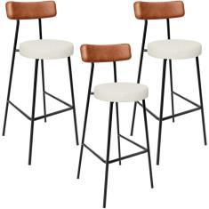 Kit 03 Banquetas Alta Cozinha Sala Jantar Milão L02 Couríssimo Camel Linho Champagne