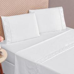Jogo De Cama 300 Fios Bordado Casal Padrão Infinity 04 Peças - Branco