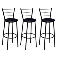 Kit 3 Banquetas Altas Preta com Encosto Assento Preto - Fortmix