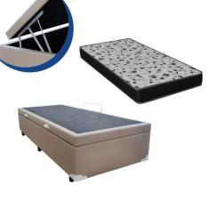Cama Box Baú Solteiro Colchão Espuma D33 Bordado + Box Bege 53x78x188 Sintético