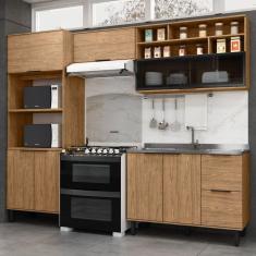 Cozinha Modulada Toscana 4 Peças Mdf com Aéreo 1200 Porta de Vidro Basculante e Torre 2 Fornos Freijó